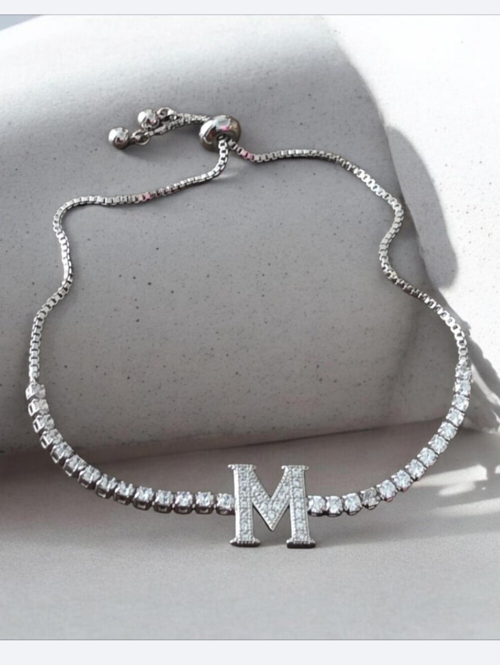 Silver Initial M Adjustable Tennis Bracelet Cubic Zirconia Pavé Letter M